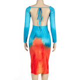 Women Autumn Off-Shoulder Lace-up Long-sleeved Printed Backless Maxi Dress