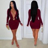 Women's Sexy Deep V Tight-Fitting Long Sleeve Bodycon Formal Party Dress with Metal Detail