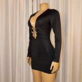 Women's Sexy Deep V Tight-Fitting Long Sleeve Bodycon Formal Party Dress with Metal Detail
