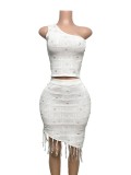 Women's One-Shoulder Knitted Beaded Tassel Two-Piece Skirt Set Holiday Outfit