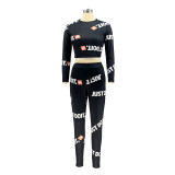 Women's Long Sleeve Letter Print Sports Two-Piece Set Yoga Outfit