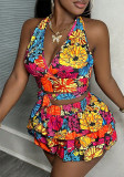 Women's Daisy Floral Halter Neck Deep V Tank & Pleated Mini Skirt Two-Piece Swimsuit Set
