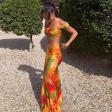 Women's Spring Sexy Printed Off-Shoulder Crop Top & Low-Waist Skirt Set