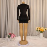 Women's Sexy Deep V Tight-Fitting Long Sleeve Bodycon Formal Party Dress with Metal Detail