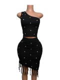 Women's One-Shoulder Knitted Beaded Tassel Two-Piece Skirt Set Holiday Outfit