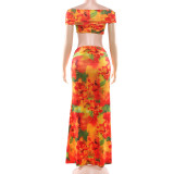 Women's Spring Sexy Printed Off-Shoulder Crop Top & Low-Waist Skirt Set