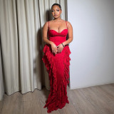 Women's Spring Strap  High-Waist Ruffled Trim Bodycon Maxi Dress