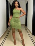 Women's One-Shoulder Knitted Beaded Tassel Two-Piece Skirt Set Holiday Outfit