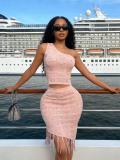 Women's One-Shoulder Knitted Beaded Tassel Two-Piece Skirt Set Holiday Outfit