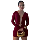 Women's Sexy Deep V Tight-Fitting Long Sleeve Bodycon Formal Party Dress with Metal Detail