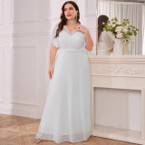 Plus Size Women's V-Neck White Solid Color Formal Party Evening Dress