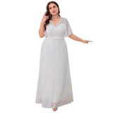 Plus Size Women's V-Neck White Solid Color Formal Party Evening Dress