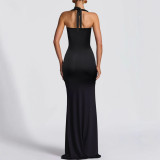 Women's Autumn/Winter Sexy Slit Low Back Halter Neck Slim Fit Elegant Dress