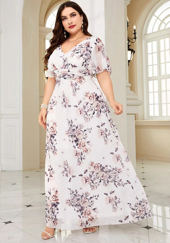 Plus Size Women's White Printed Formal Party Evening Dress