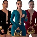 Women's Sexy Deep V Tight-Fitting Long Sleeve Bodycon Formal Party Dress with Metal Detail