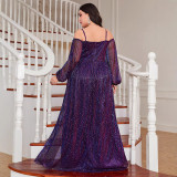 Plus Size Women's Purple Sequin Slit Formal Party Maxi Evening Dress