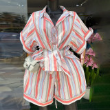 Women's Spring Fashion Striped Turndown Collar Short Sleeve Shirt & Tie-Waist Wide-Leg Shorts Set