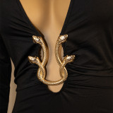 Women's Sexy Deep V Tight-Fitting Long Sleeve Bodycon Formal Party Dress with Metal Detail