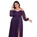 Plus Size Women's Purple Sequin Slit Formal Party Maxi Evening Dress