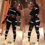 Women's Long Sleeve Letter Print Sports Two-Piece Set Yoga Outfit