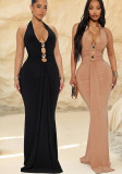 Women's Halter Neck Low Back Metal Decor Slim Waist Bodycon Slit Maxi Formal Dress