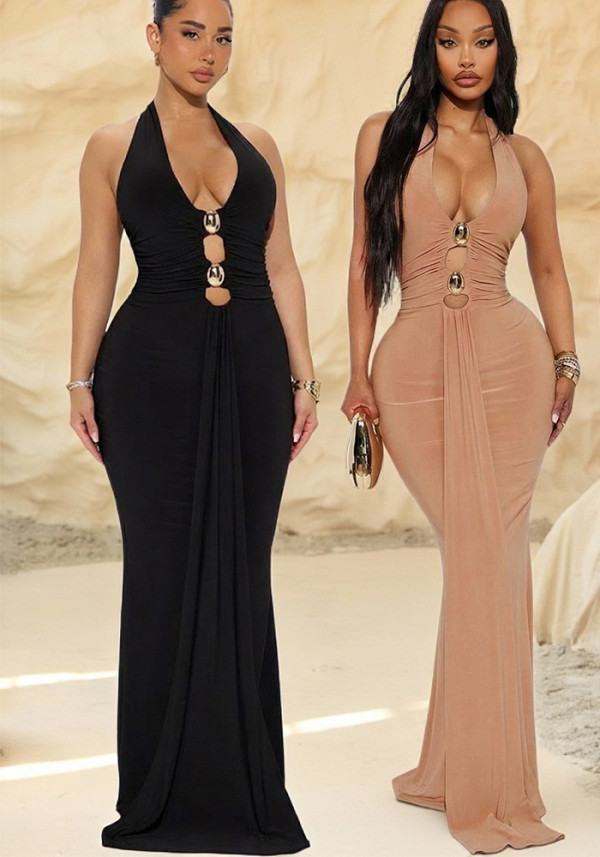 Women's Halter Neck Low Back Metal Decor Slim Waist Bodycon Slit Maxi Formal Dress