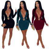 Women's Sexy Deep V Tight-Fitting Long Sleeve Bodycon Formal Party Dress with Metal Detail