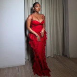 Women's Spring Strap  High-Waist Ruffled Trim Bodycon Maxi Dress