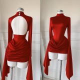 Women's Autumn Mock Neck Long Sleeve Low Back Ruched Mini Dress