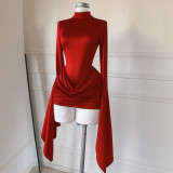 Women's Autumn Mock Neck Long Sleeve Low Back Ruched Mini Dress