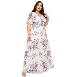 Plus Size Women's White Printed Formal Party Evening Dress