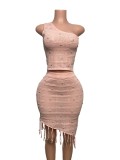 Women's One-Shoulder Knitted Beaded Tassel Two-Piece Skirt Set Holiday Outfit