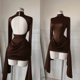 Women's Autumn Mock Neck Long Sleeve Low Back Ruched Mini Dress