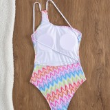 Women's One-Shoulder Straps Low Back Printed Triangle One-Piece Swimsuit