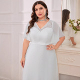 Plus Size Women's V-Neck White Solid Color Formal Party Evening Dress