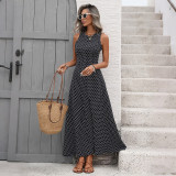 Women's Summer Elegant Polka Dot Tie Low Back Sleeveless Maxi Dress