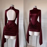 Women's Autumn Mock Neck Long Sleeve Low Back Ruched Mini Dress