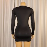 Women's Sexy Deep V Tight-Fitting Long Sleeve Bodycon Formal Party Dress with Metal Detail