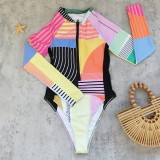 Women's Colorblock Long Sleeve Zip-Up High-Slit Triangle One-Piece Swimsuit