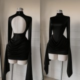 Women's Autumn Mock Neck Long Sleeve Low Back Ruched Mini Dress