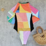 Women's Colorblock Long Sleeve Zip-Up High-Slit Triangle One-Piece Swimsuit