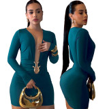 Women's Sexy Deep V Tight-Fitting Long Sleeve Bodycon Formal Party Dress with Metal Detail