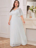 Plus Size Women's V-Neck White Solid Color Formal Party Evening Dress