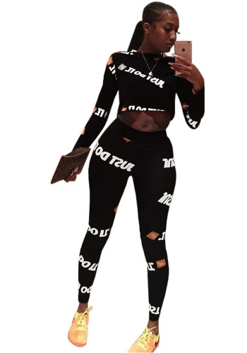 Women's Long Sleeve Letter Print Sports Two-Piece Set Yoga Outfit
