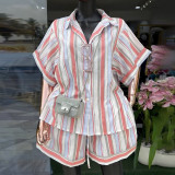 Women's Spring Fashion Striped Turndown Collar Short Sleeve Shirt & Tie-Waist Wide-Leg Shorts Set