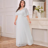Plus Size Women's V-Neck White Solid Color Formal Party Evening Dress