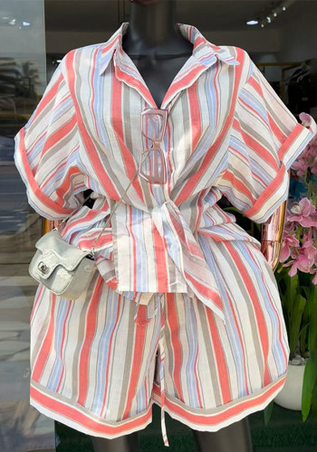 Women's Spring Fashion Striped Turndown Collar Short Sleeve Shirt & Tie-Waist Wide-Leg Shorts Set