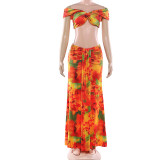 Women's Spring Sexy Printed Off-Shoulder Crop Top & Low-Waist Skirt Set
