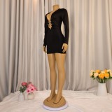 Women's Sexy Deep V Tight-Fitting Long Sleeve Bodycon Formal Party Dress with Metal Detail