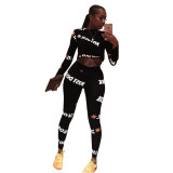 Women's Long Sleeve Letter Print Sports Two-Piece Set Yoga Outfit